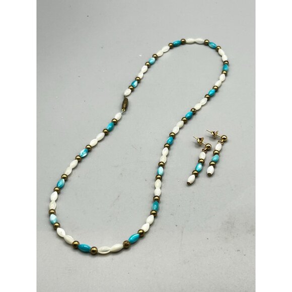 Necklace & Earrings Set White Turquoise Dyed Mother of Pearl Beads Gold Accents - Picture 4 of 6